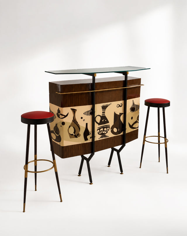 Rare bar cabinet set with two stools, 1950s