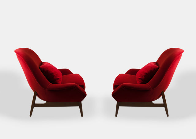 Pair of Red Velvet Armchairs by ISA Bergamo, Italy